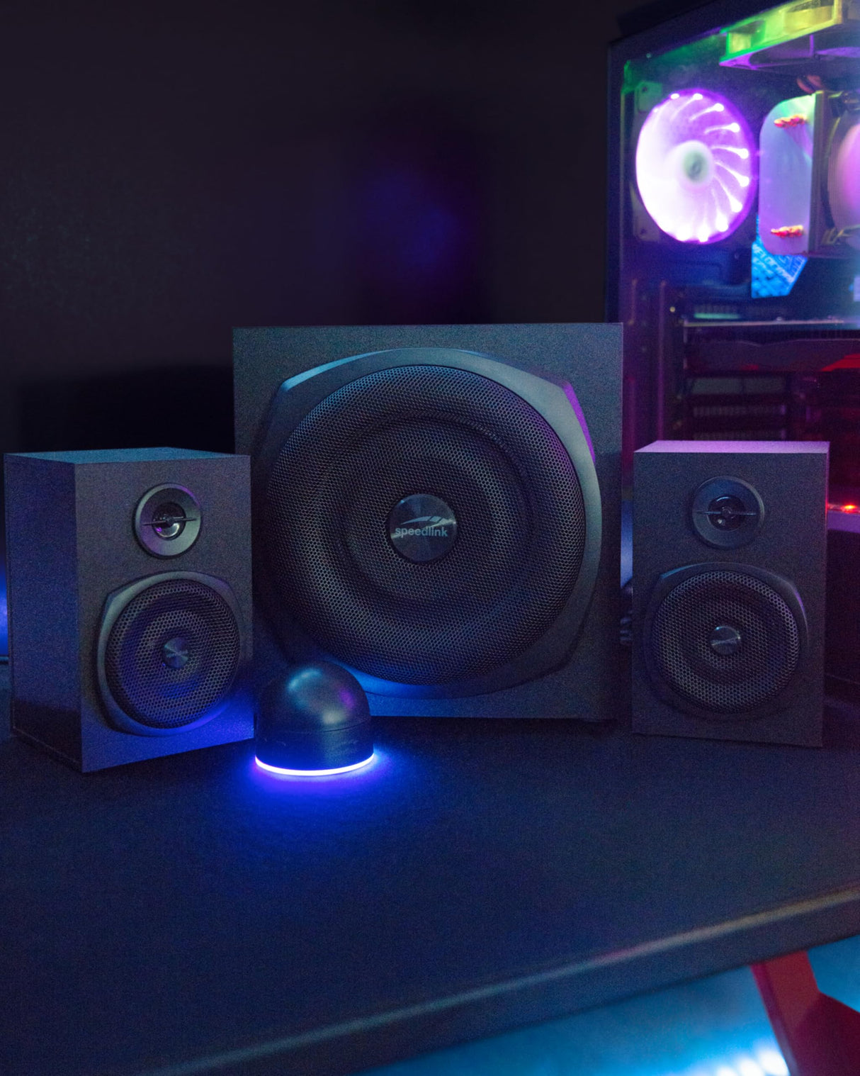 Speedlink Gravity LT Altavoz para PC Sistema de Sonido 2.1 Bluetooth - con subwoofer de Madera, Sistema de Altavoces Activos de 80 vatios, Conector AUX de 3,5 mm, Mando a Distancia RGB, Negro