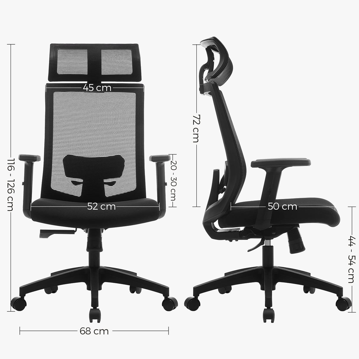 SONGMICS Silla de Oficina de Malla, Silla de Escritorio, Giratorio de 360°, Soporte Lumbar Ajustable, Apoyacabezas y Apoyabrazos, Inclinación del Respaldo hasta 120°, Negro OBN55BK