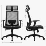 SONGMICS Silla de Oficina de Malla, Silla de Escritorio, Giratorio de 360°, Soporte Lumbar Ajustable, Apoyacabezas y Apoyabrazos, Inclinación del Respaldo hasta 120°, Negro OBN55BK