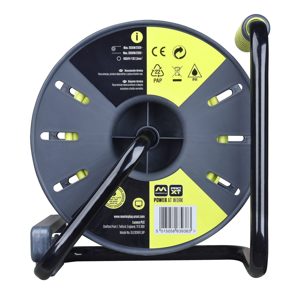 Masterplug Pro-XT Enrollacables de carrete de cable abierto de cuatro tomas con asa de bobinado, interruptor térmico e interruptor de alimentación, cable de alta visibilidad de 30+3 metros