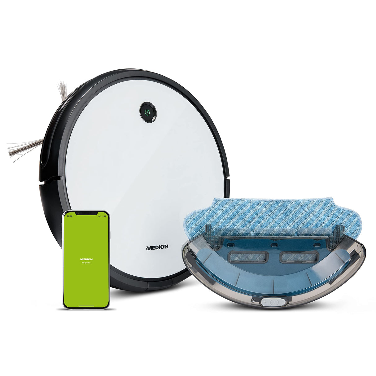MEDION Robot Aspirador con función de fregado y Control Mediante una App (WiFi, Alexa, navegación Inteligente, estación de Carga, aspiración y fregado al Mismo Tiempo