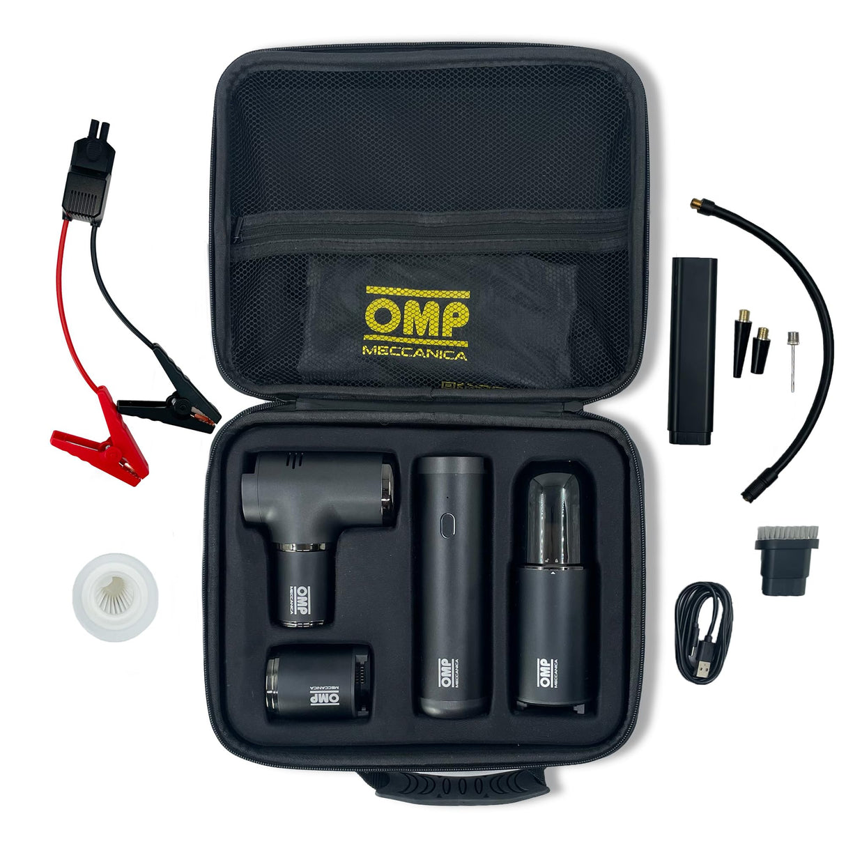 OMP Meccanica 5 EN 1 Kit Portátil Multi-Función Sin Cable – Arrancador de coche, Compresor de Aire, Aspiradora, Linterna y Power Bank – Compacto y Esencial para Asistencia en Carretera con Estuche