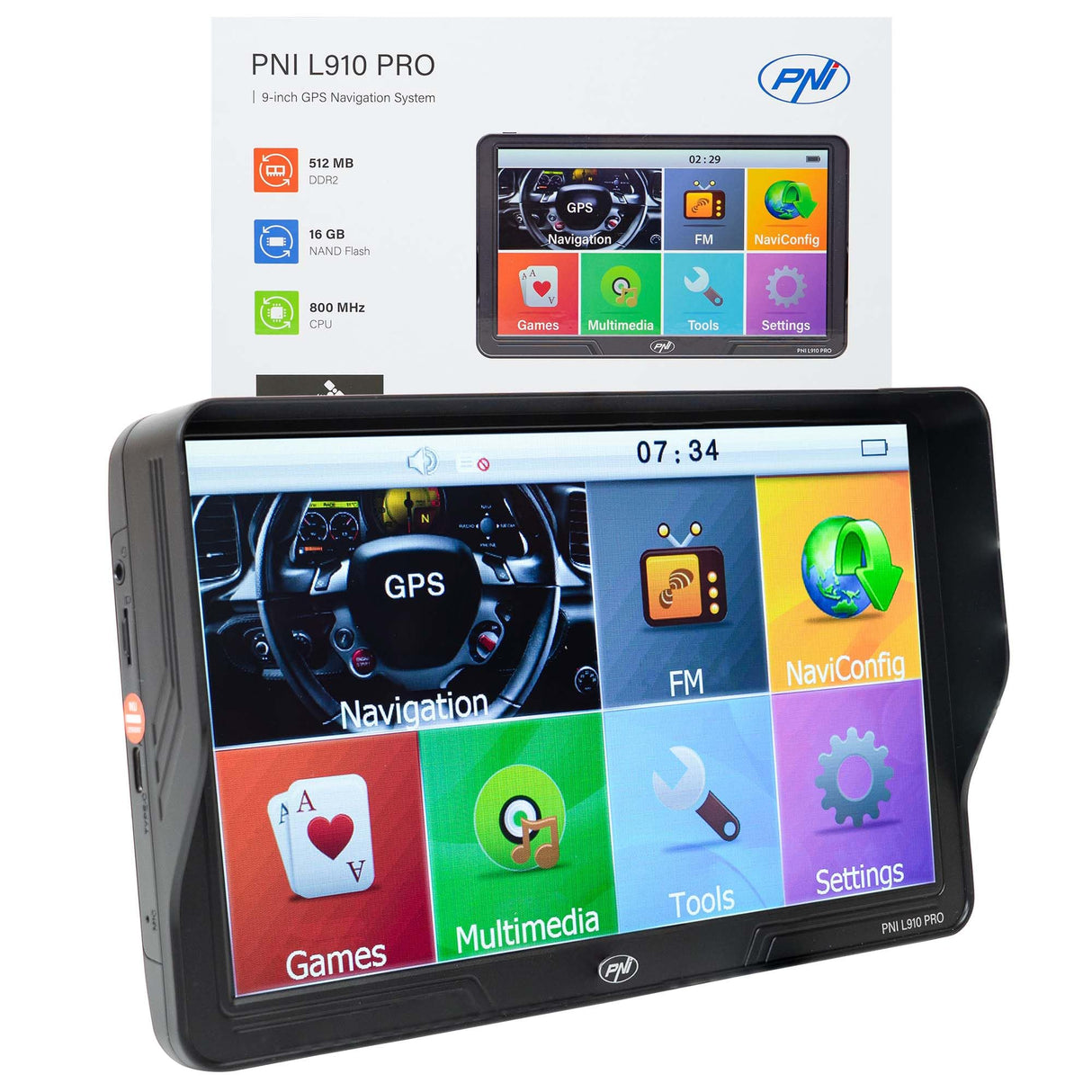 PNI L910 Pro - Navegador GPS con Parasol (9 Pulgadas, 800 MHz, 512 MB DDR, Memoria Interna de 16 GB, transmisor FM, Color Negro)