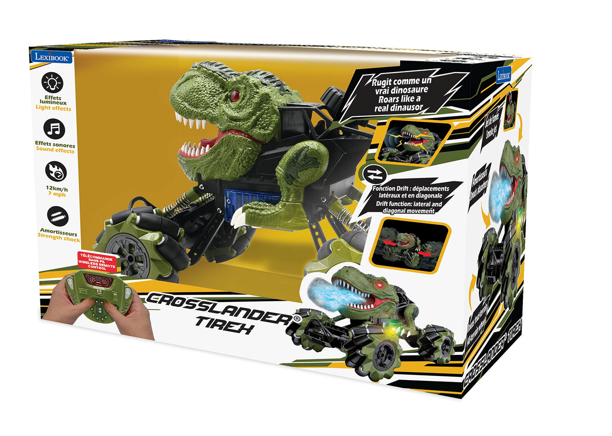LEXIBOOK, Crosslander® Tirex, Coche Dinosaurio teledirigido, hasta 12km/h, derrapes, Acrobacias locas, Efectos de Humo y Sonido, Coche Todoterreno, Recargable, niño, RC57