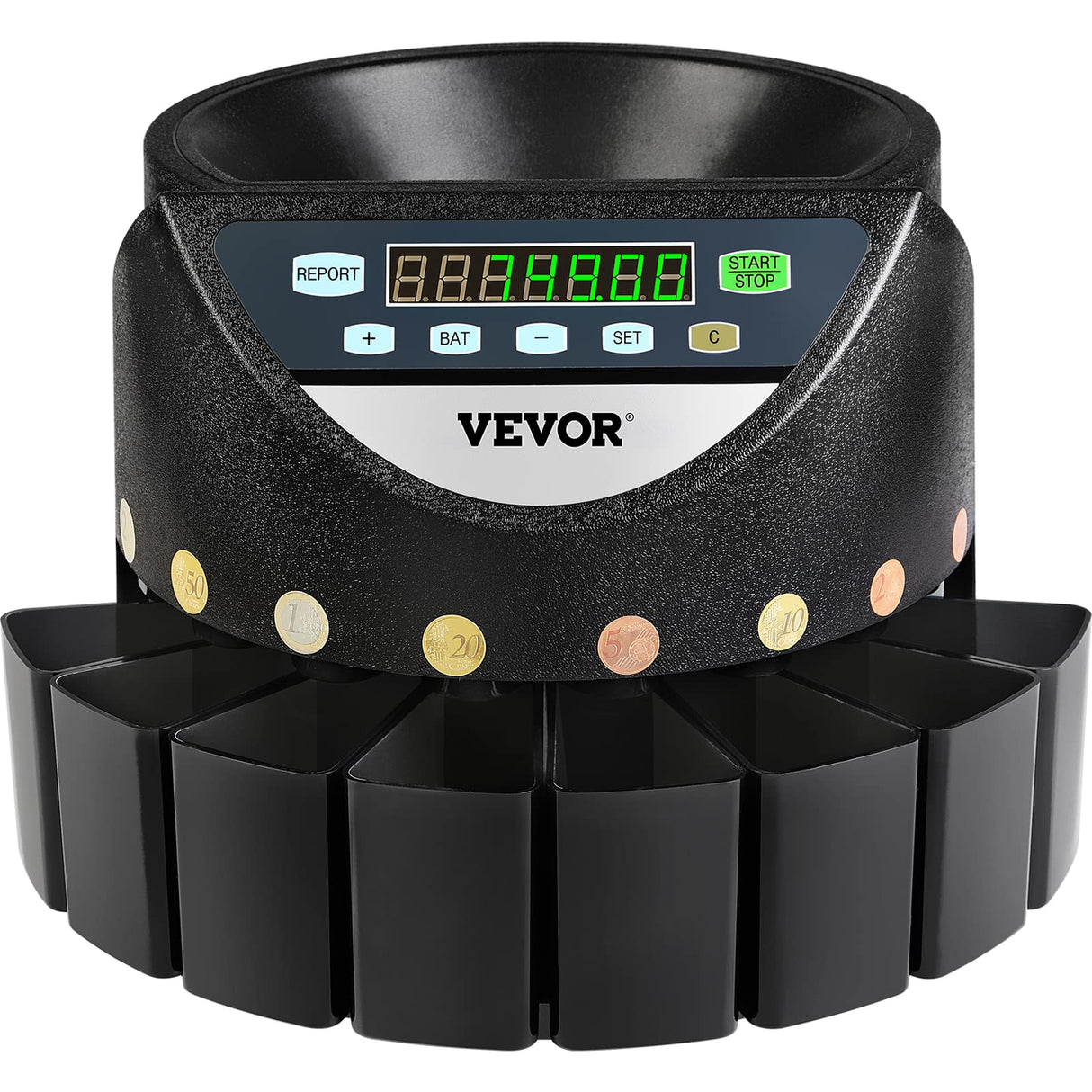 VEVOR Contador de Monedas Euro Profesional 220 V, Clasificador de Monedas Pantalla LED de 7 Dígitos 170 Monedas por Minuto, Máquina de Conteo de Monedas con 8 Cajas de Recolección de Alta Precisión