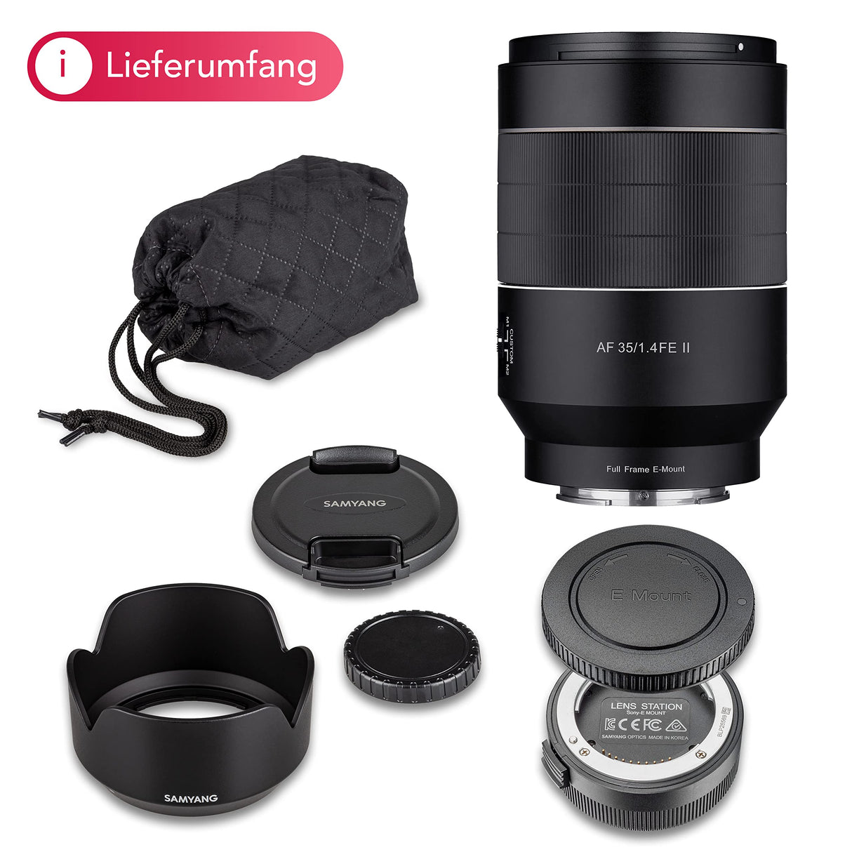 Samyang AF 35 mm F1,4 II FE para Sony E + Samyang Lens Station – Enfoque automático de Formato Completo y Objetivo Gran Angular APS-C de Distancia Focal Fija sin Espejo Sony E Mount Cámaras + Base de