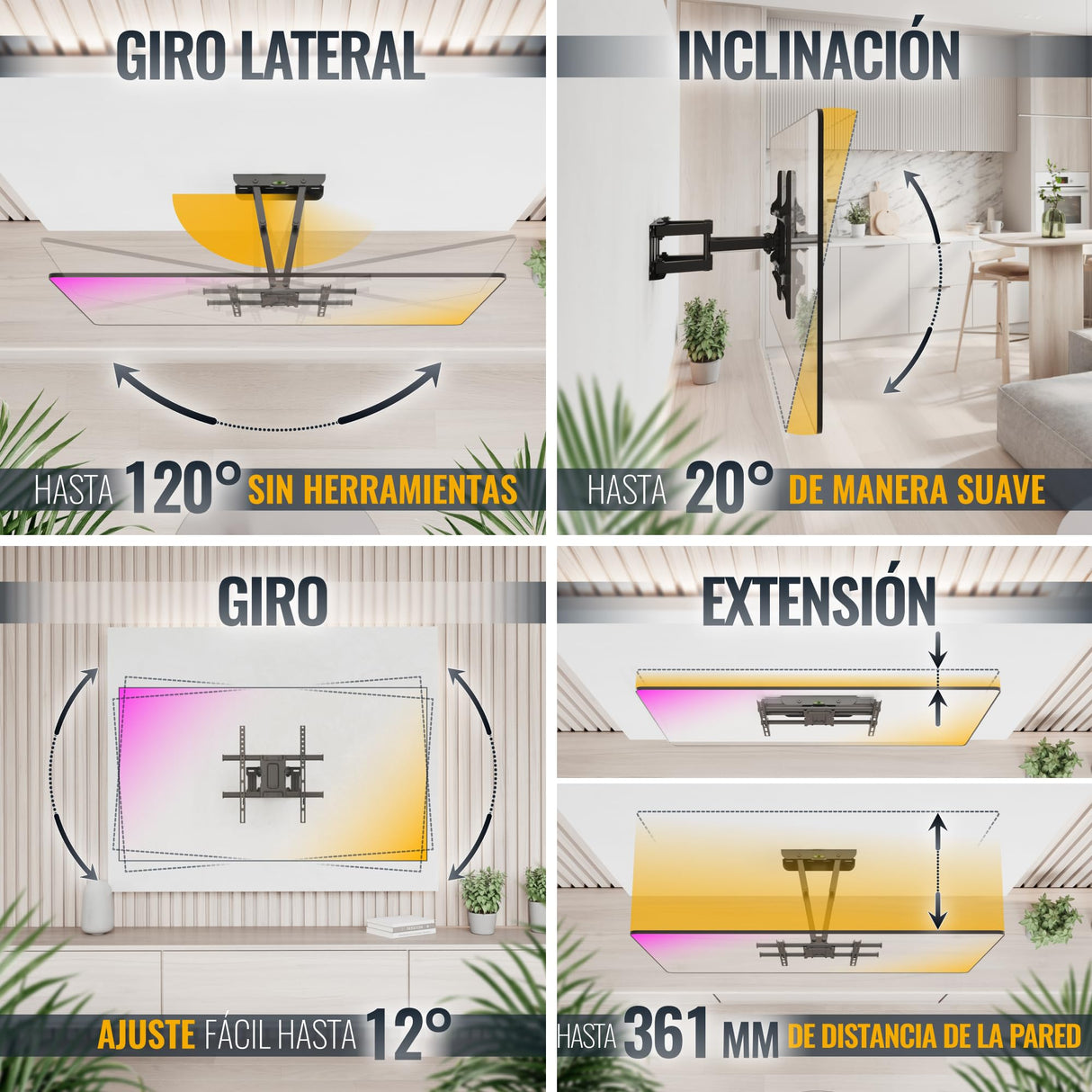 RICOO Soporte TV Pared 32-65" Pulgadas (81-165cm) S7244 Brazo articulado Giratorio Inclinable Colgador televisión Universal VESA 200x200-400x400 Negro
