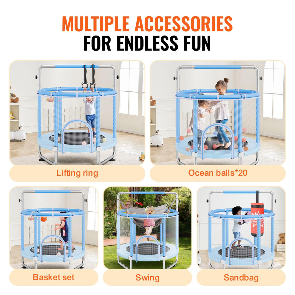VEVOR Trampolín para Niños para Interior y Exterior, Minitrampolín Recreativo para Niños Pequeños con Red de Seguridad y Aro de Baloncesto, para Niños de Más de 3 Años, 1470 x (1540-1690) mm Azul