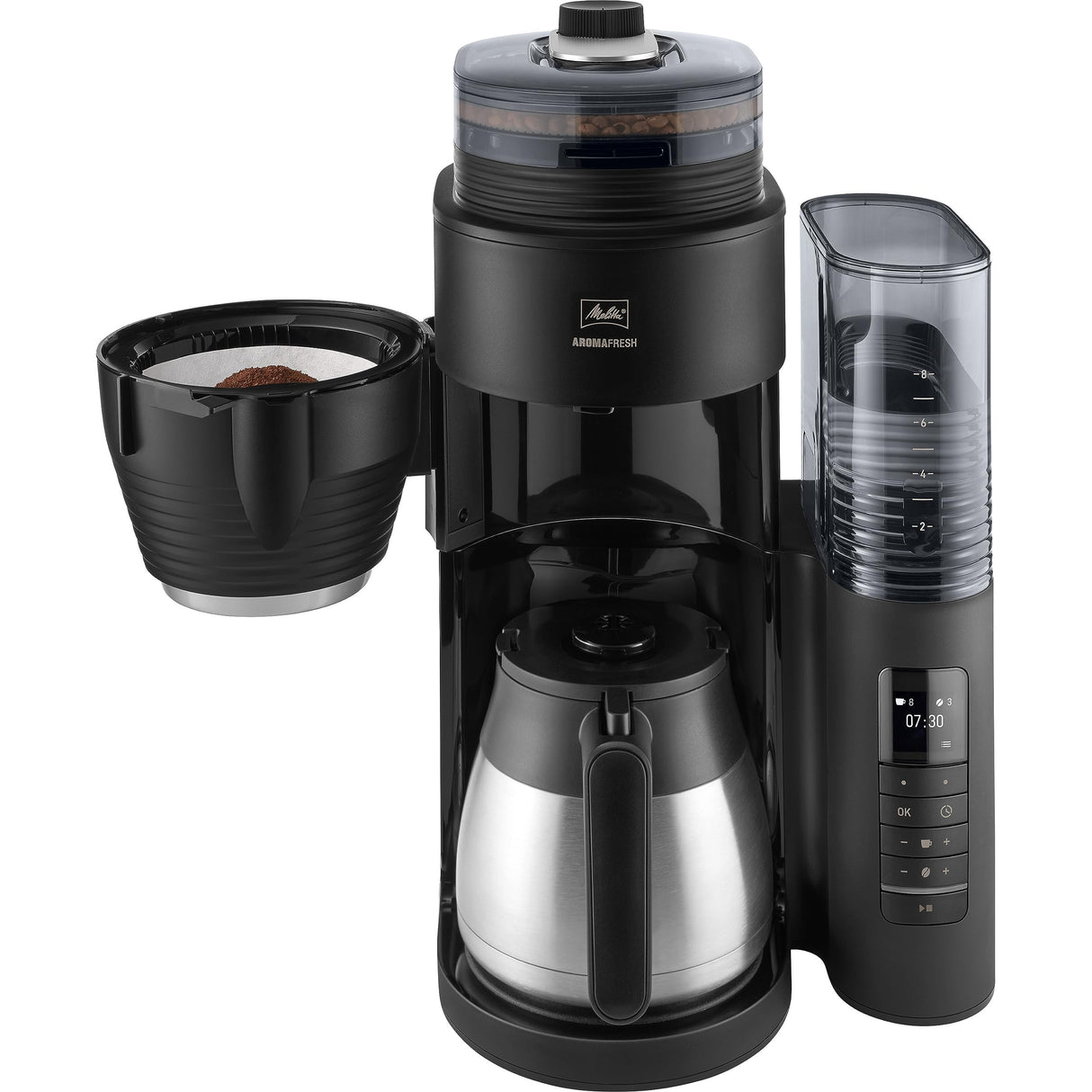 Melitta AromaFresh Pro X Therm - Cafetera de goteo con molinillo integrado, cafetera de filtro con jarra térmica y depósito de agua extraíble, máquina de café para hasta 8 tazas, negro