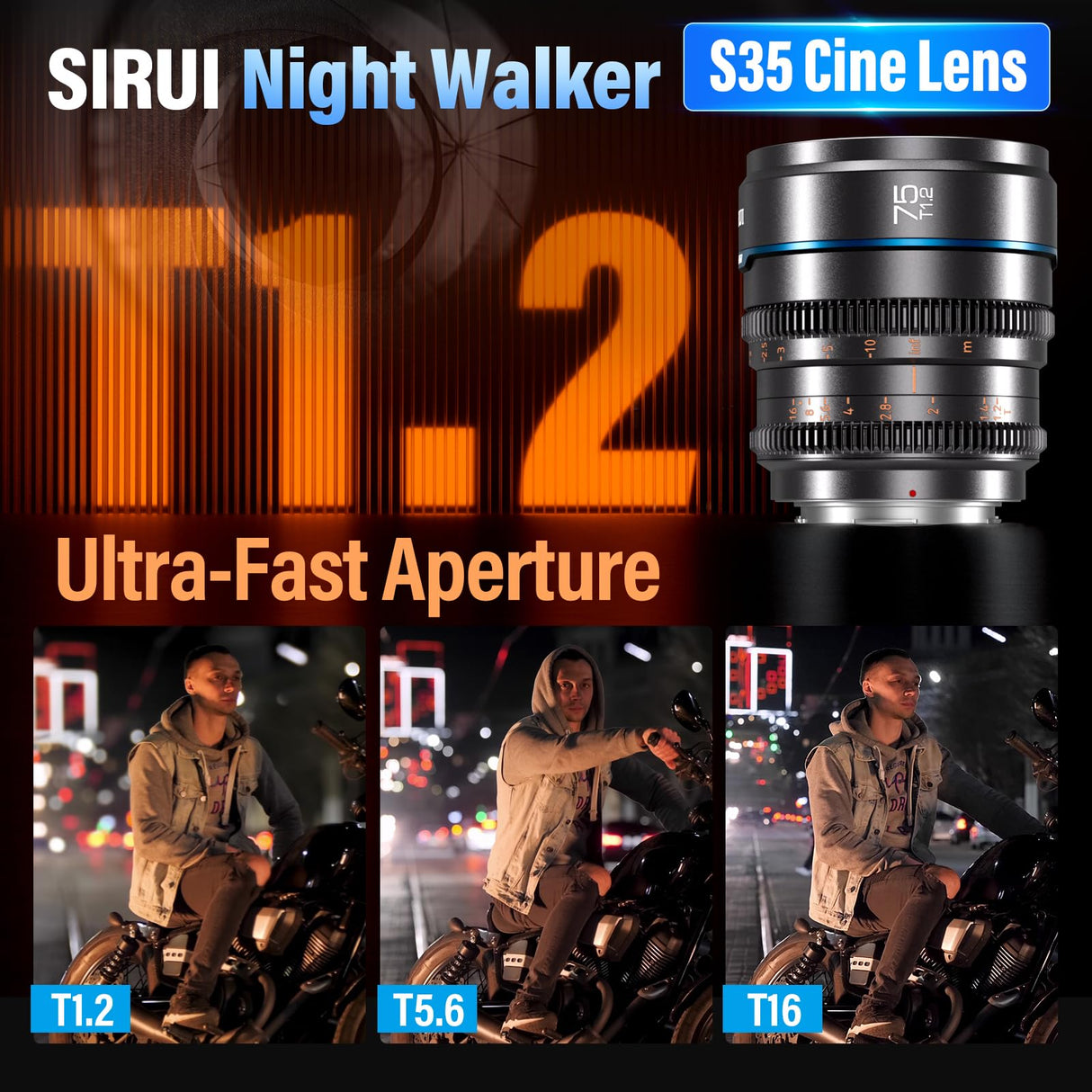 SIRUI Night Walker 75mm Lente de Cine con Enfoque Manual, Gran Apertura T1.2 con Marco S35 para E Montura Cameras, FX30, ZV-E10, A6400, A6700 (MS75E-G, Gris)