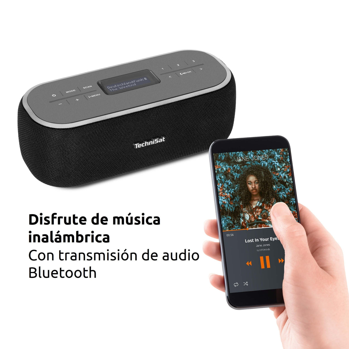 TechniSat VIOLA BT 1 - Altavoz portátil Bluetooth con Radio Digital Dab+ (FM, Dab, Temporizador de Alarma, Memoria de Favoritos, LCD, función de Manos Libres, Entrada AUX, 6W) Negro/Gris