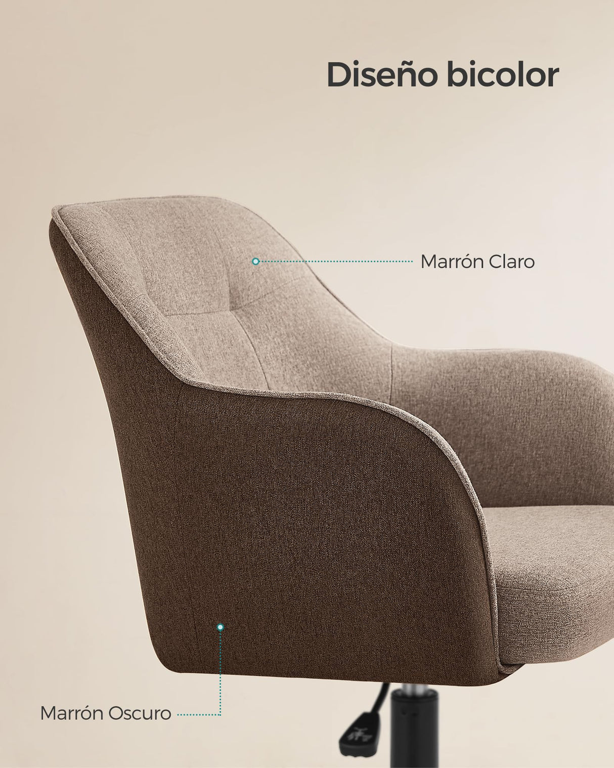 SONGMICS Silla de Estudio, Silla Giratoria, Altura Ajustable, Carga de 110 kg, Marco de Acero, Tela de Algodón-Lino Transpirable, para Estudio, Dormitorio, Marrón OBG019K01