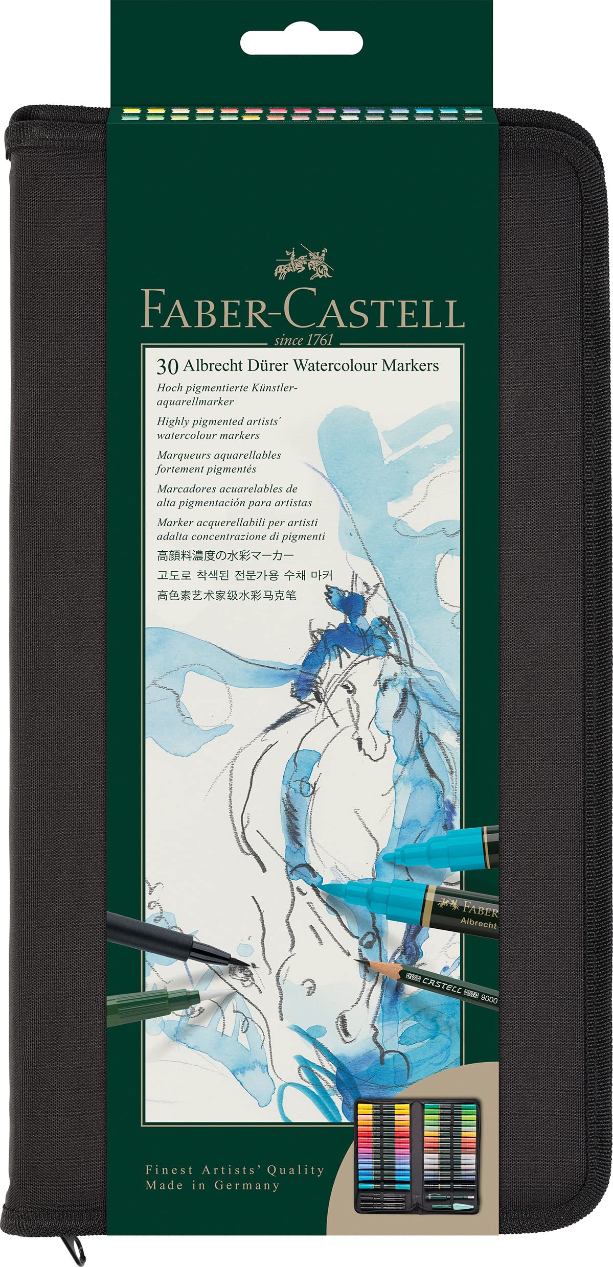 Faber-Castell 160301 Albrecht Dürer - Estuche con Cremallera de 30 Marcadores Acuarelables - Doble Punta para Artistas - 4 PITT® Artist Pen - 1 Pincel con Depósito - 1 Lápiz Castell 9000
