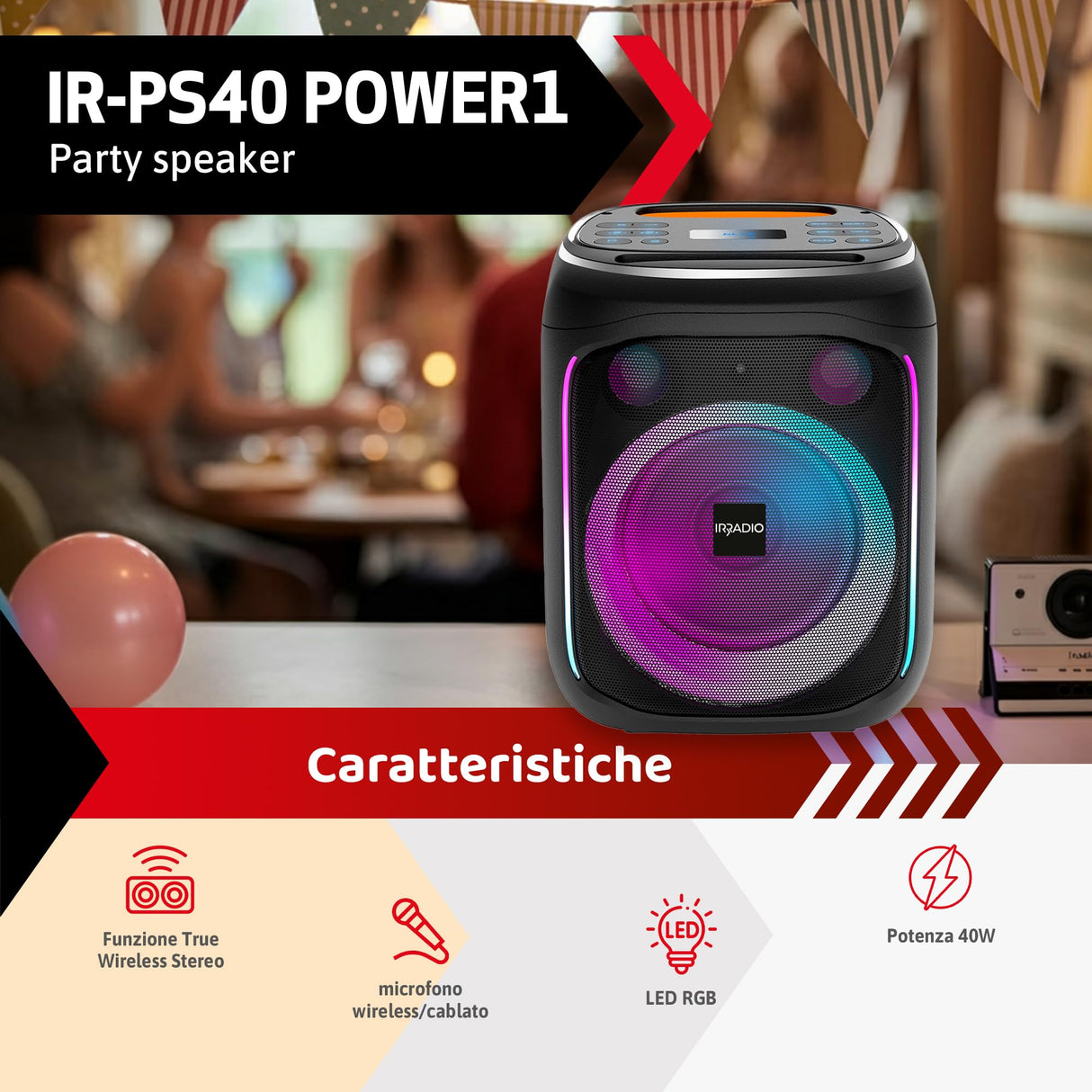 IRRADIO Altavoz portátil IR-PS40 POWER1, 40 W RMS, Woofer Bass Reflex de 15 cm, Luces LED RGB, micrófonos para Karaoke, True Wireless Stereo, DSP, batería de Larga duración, diseño Compacto.