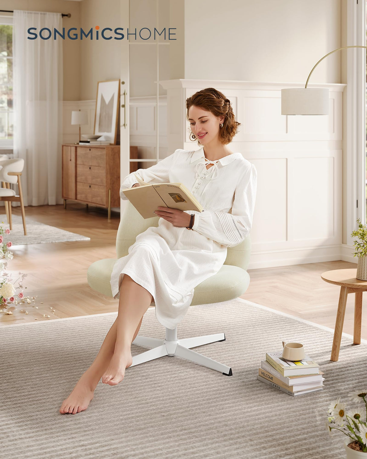 SONGMICS HOME Silla de Oficina, Estilo Contemporáneo con Base en Cruz, Asiento Ancho y Cómodo, Altura Ajustable, Silla Giratoria, Tela de Lino de Algodón, Blanco Crema OBG046W01