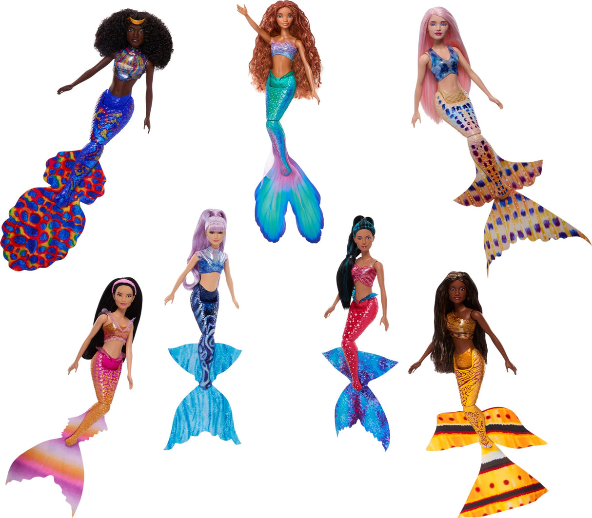 Mattel Disney La Sirenita Pack 7 hermanas Muñecas sirenas con pelo largo, juguete +3 años (HPT16)