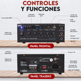 Pyle Sistema Amplificador de Potencia de Audio, Inalambrico, Estereo, Potencia Maxima de 200V, USB, SD, AUX, Entrada de microfono para Karaoke, Radio, Pantalla LCD, RCA