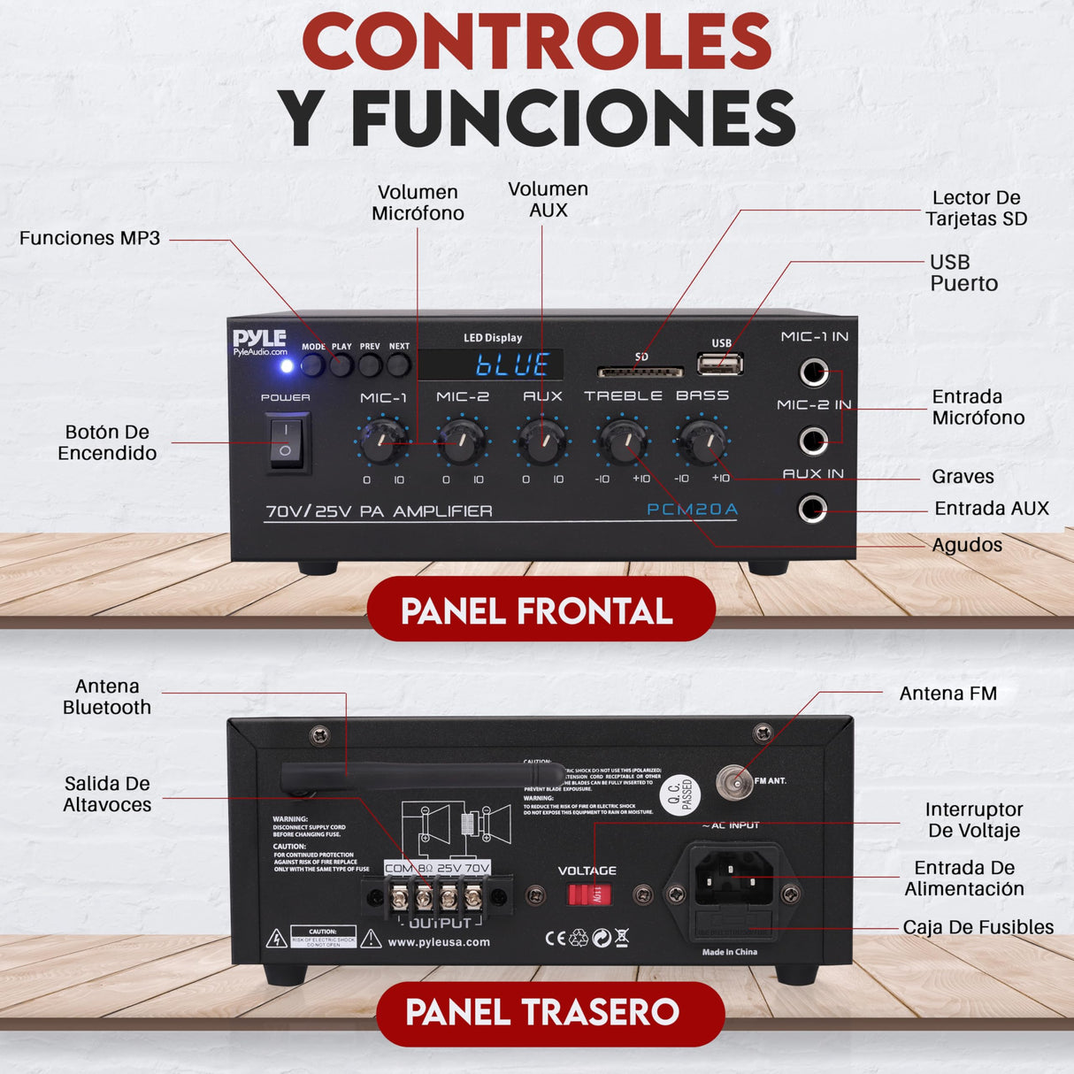Pyle Sistema Amplificador de Potencia de Audio, Inalambrico, Estereo, Potencia Maxima de 200V, USB, SD, AUX, Entrada de microfono para Karaoke, Radio, Pantalla LCD, RCA
