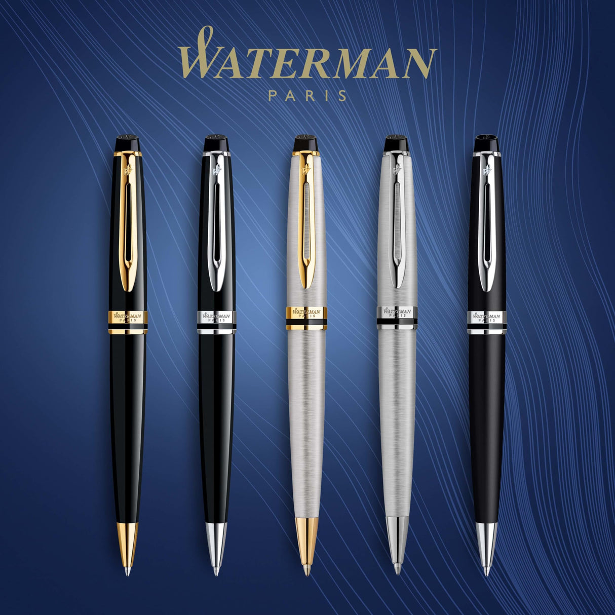 Waterman Expert bolígrafo, color negro brillante con adorno cromado, punta media con cartucho de tinta azul, estuche de regalo
