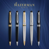 Waterman Expert bolígrafo, color negro brillante con adorno cromado, punta media con cartucho de tinta azul, estuche de regalo