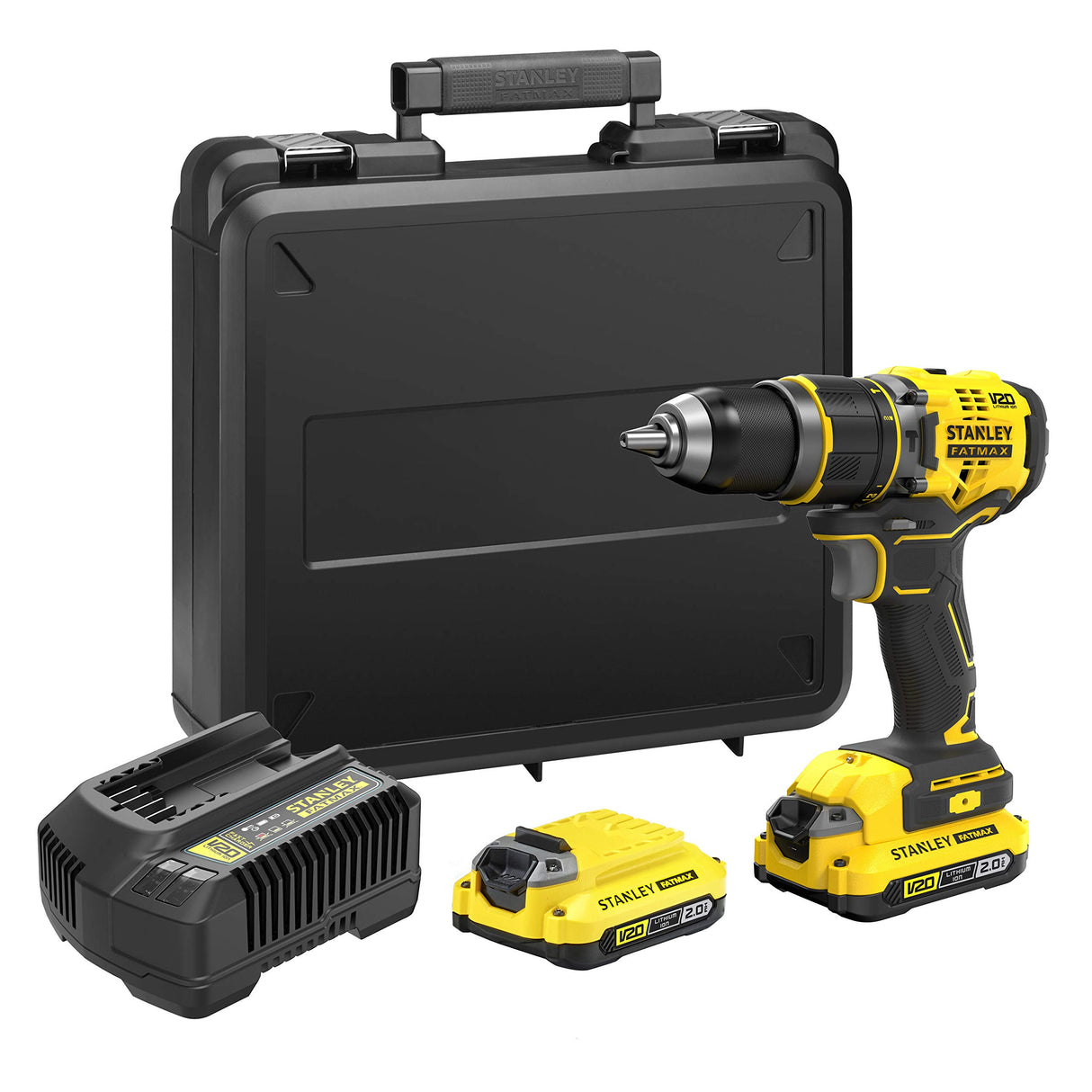 STANLEY FATMAX Taladro Percutor Sin Cable V20 (18V), Motor Sin Escobillas, 80Nm, 2 Baterías 2Ah, Cargador, Maletín, Portabrocas Metálico 13mm, 14 Posiciones de Par, SFMCD721D2K-QW