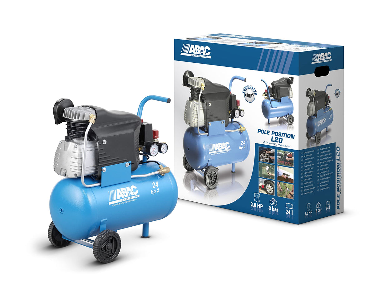 ABAC Pole Position L20 Compresor de Aire, 24 Litros Compresor de Aire, Manómetro Doble, Presión Max. 10 Bar, Inyección de Aceite, Ruedas de Transporte, Potencia 2 HP Azul Claro