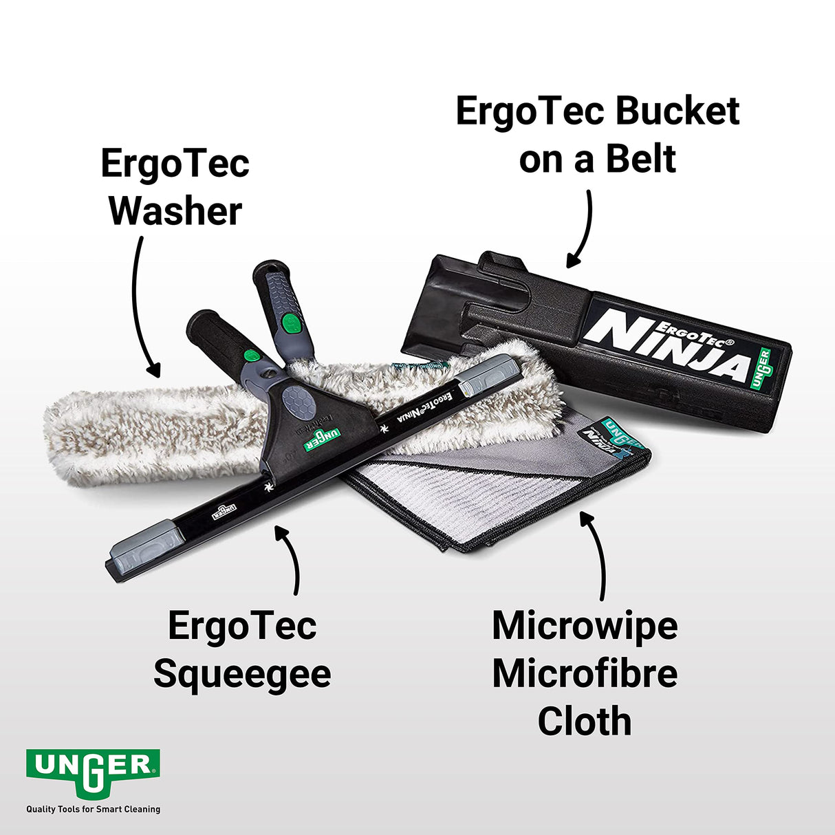 Unger Ninja Premium Glass Cleaner Set (Productos de alto rendimiento para limpieza profesional de cristales, 4 piezas) AKN12