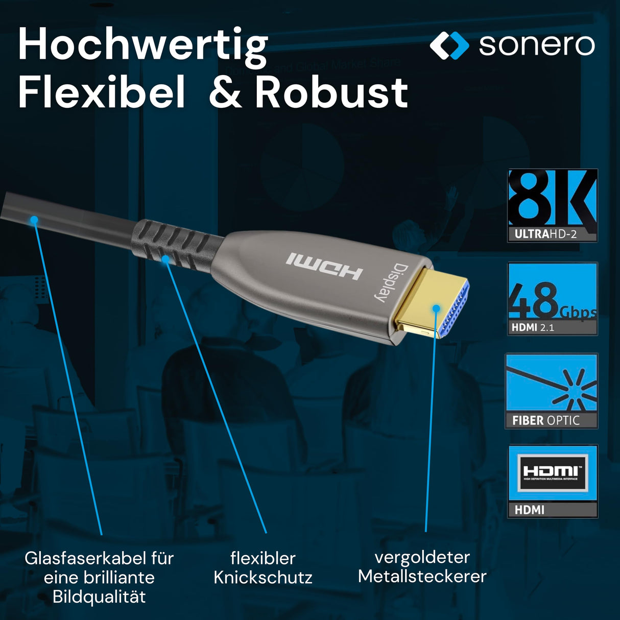 Sonero® Cable 8K-HDMI 2.1, Cable híbrido de Fibra óptica, resolución hasta 8K 60 Hz (7680 x 4320) / 4K 120Hz (3840 × 2160), Soporte HDCP 2.2, Antracita, 40 Metros