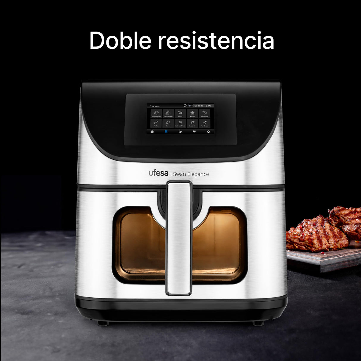 Ufesa Freidora de Aire Swan Elegance 7.5L 2200W, Pantalla Digital Interactiva TFT 4.3", App Inteligente, 10 Programas, Ventana con Luz Interior y Tecnología Air Pulse Ultra 360ºC con Doble Resistencia