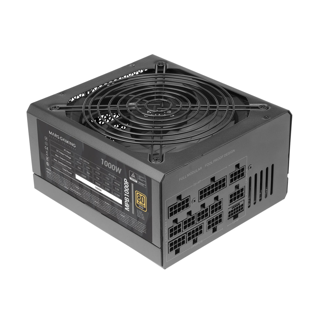 Mars Gaming MPB1000P, Fuente Alimentación Modular ATX 3.0 1000W, 10 Años Seguridad, 80Plus Gold, Ventilador 14cm AI-RPM, Condensadores Japoneses, Soporte PCIe 5.0 y APFC, Tecnología DC-DC y SMD, Negro