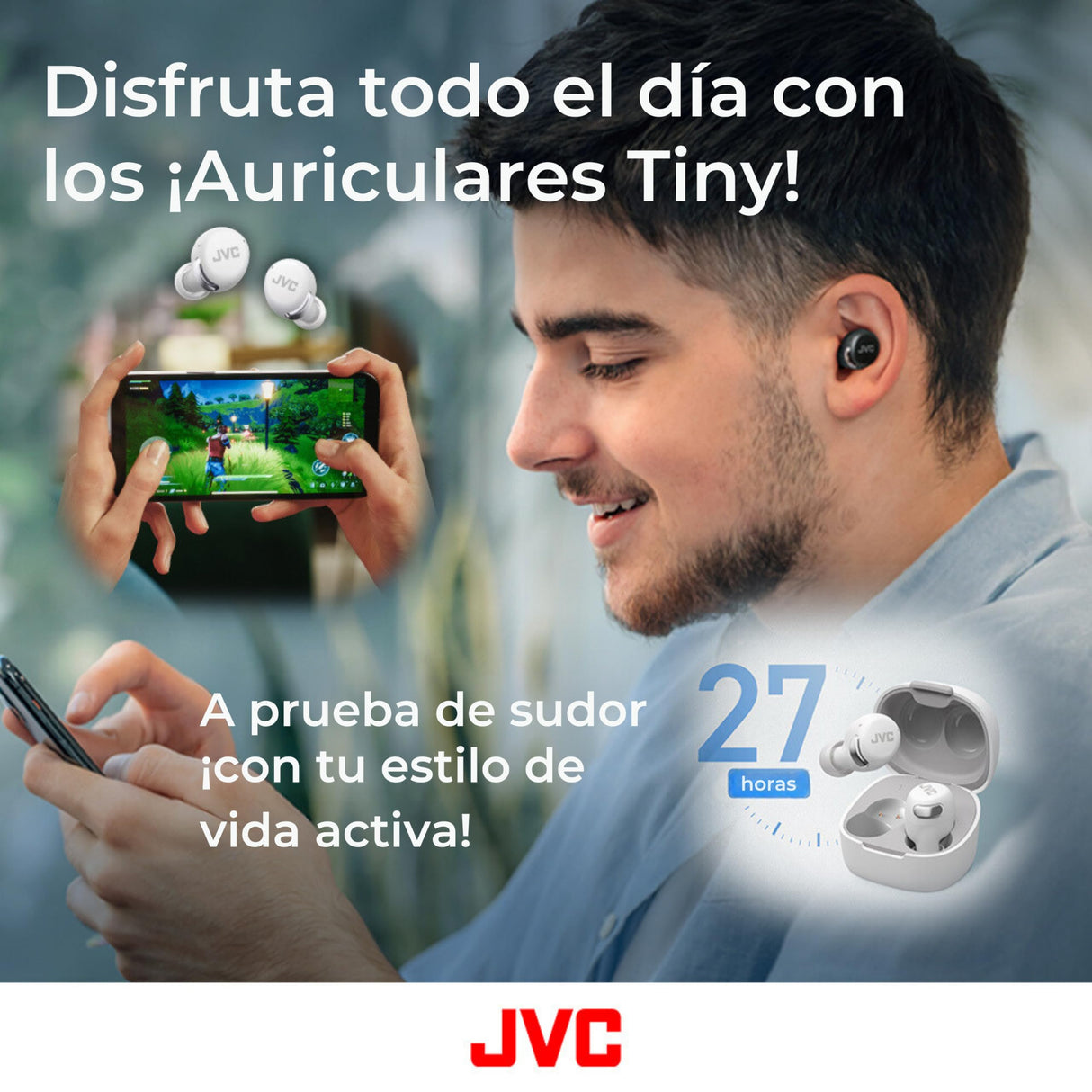 JVC Auriculares Inalambricos Bluetooth | 27 Horas de batería | Ultraligero | Auriculares Bluetooth Cancelación Ruido y Modo Corte de Viento | Resistente al Sudor | Audifonos Inalambricos - HA-A30T2