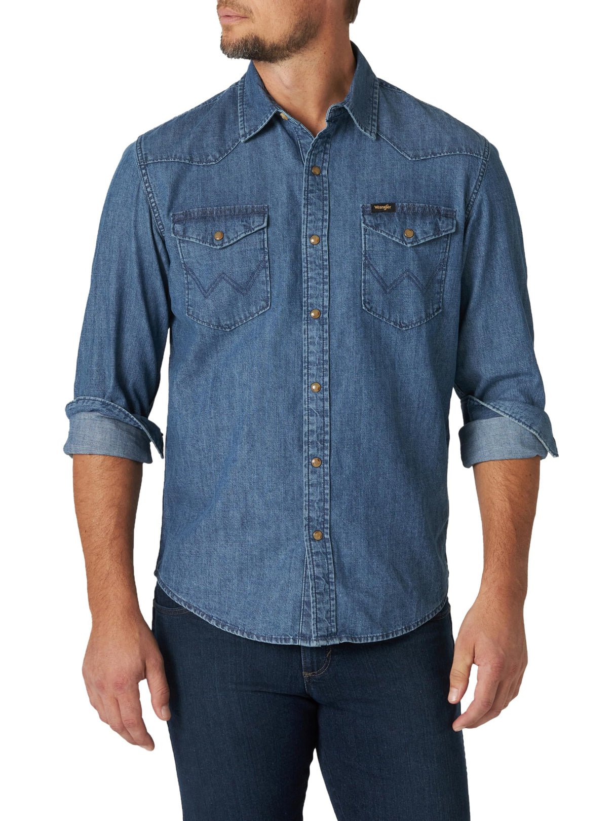 Wrangler Iconic Regular Fit Snap Shirt Camisa Abotonada, Denim Mid Tint, XXL para Hombre