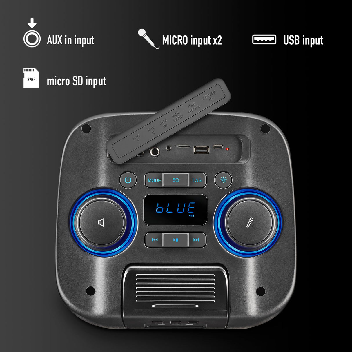 NGS Wild Club – Altavoz Portátil Bluetooth 5.2 con 80W de Potencia, TWS Luces Láser, Doble Entrada de Micrófono, Puerto USB/AUX/TF, Batería Recargable de 5400mAh, Karaoke Sonido, LED RGB.