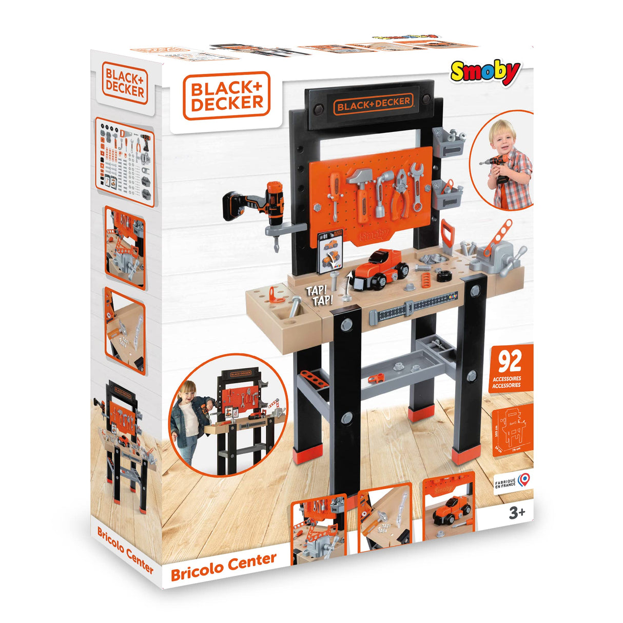 Smoby- Black & Decker Bricolo Center, Taller Banco de Trabajo de Juguete, 92 Accesorios, Taladro mecánico, Función de Clavo Sube-Baja (7600360727)