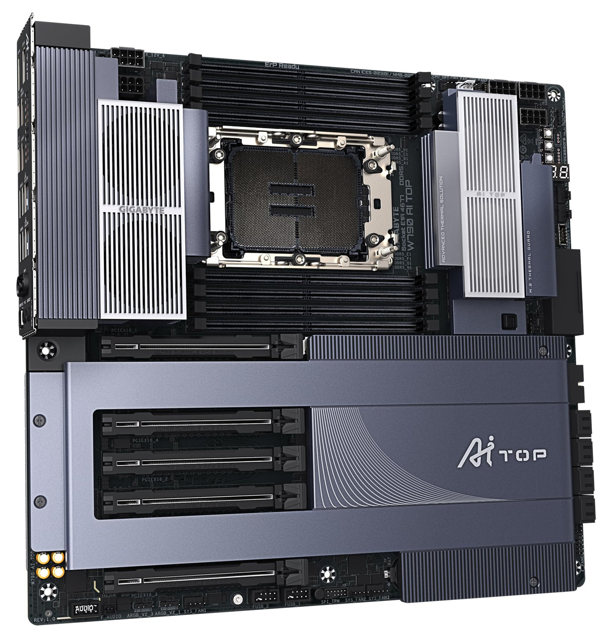 GIGABYTE W790 AI Top Placa Base - CPUs Intel Xeon, VRM de 16+2+2 Fases, hasta 5600 MHz DDR5 (OC), 4xPCIe 5.0 + 2xPCIe 4.0 M.2, Wi-Fi 7, LAN 10 GbE, Thunderbolt 4