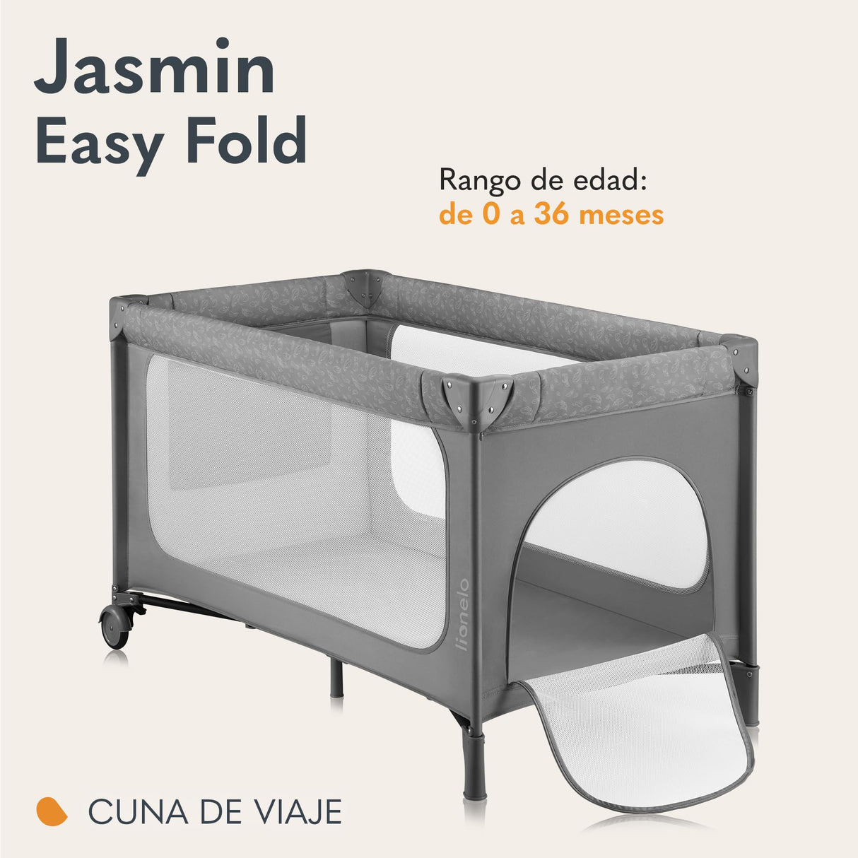 lionelo Jasmin Easy FoldCuna de Viaje para Niños de hasta 15 kg de 0 a 36 Meses Colchón de Espuma T25, 2 Niveles de Altura, Easy Fold, Entrada Lateral, Ruedas (Grey Stone)
