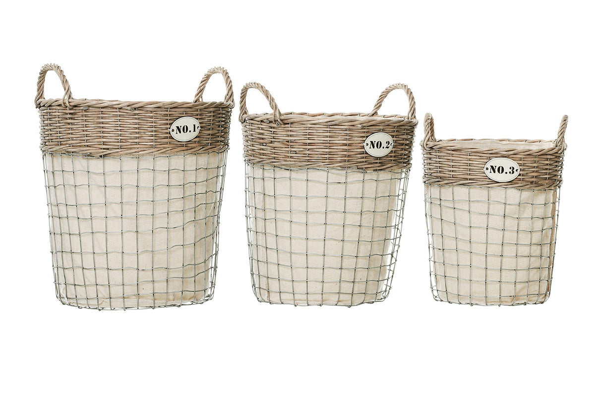 Premier LIDA Juego de 3 Cestas para la Ropa Sucia Redondo Par Aplicado Algodón, Tejido y Metal/Willow-Natural