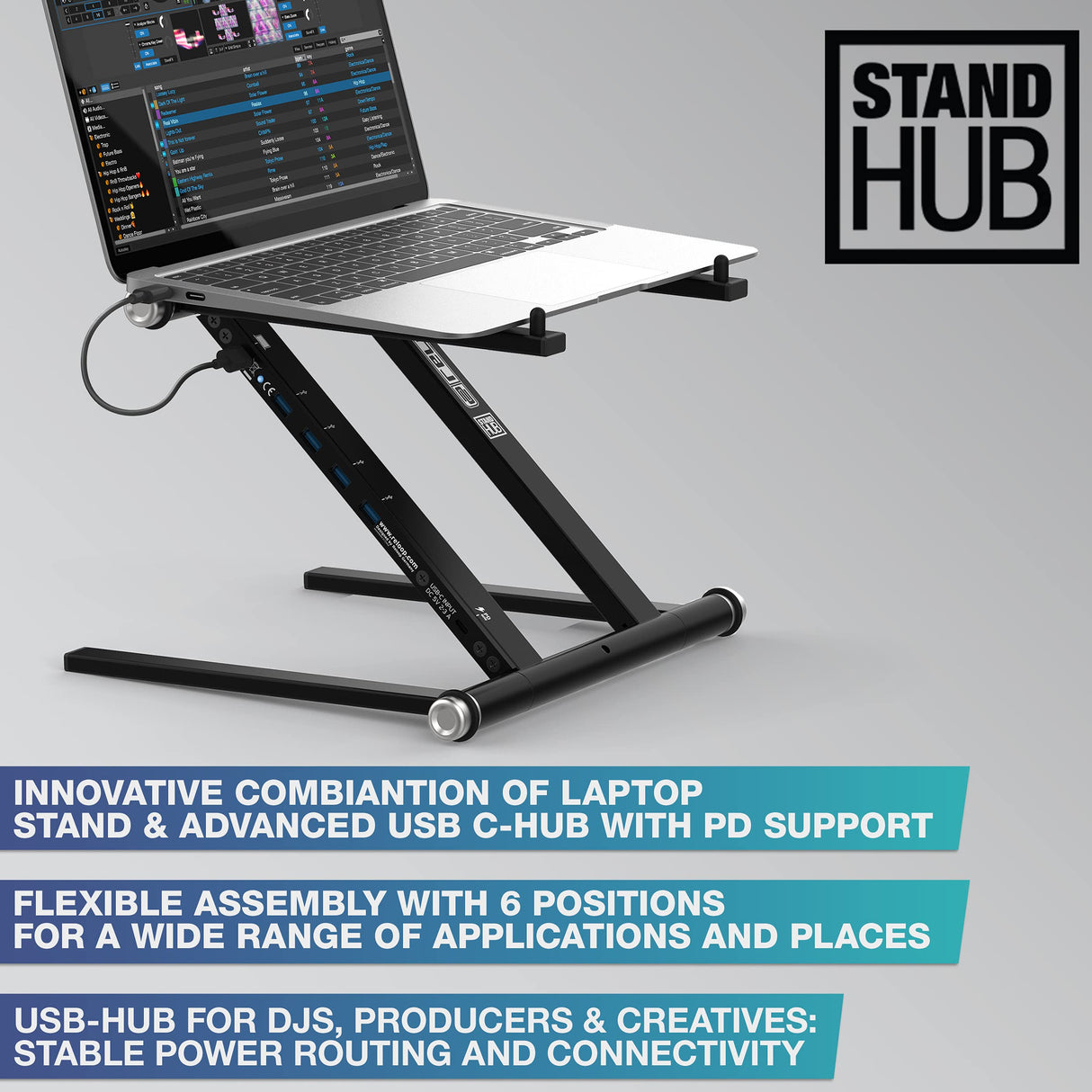 Reloop Stand Hub Innovadora combinación de soporte para portátil y hub usb-c avanzado con alimentación Powerdrive