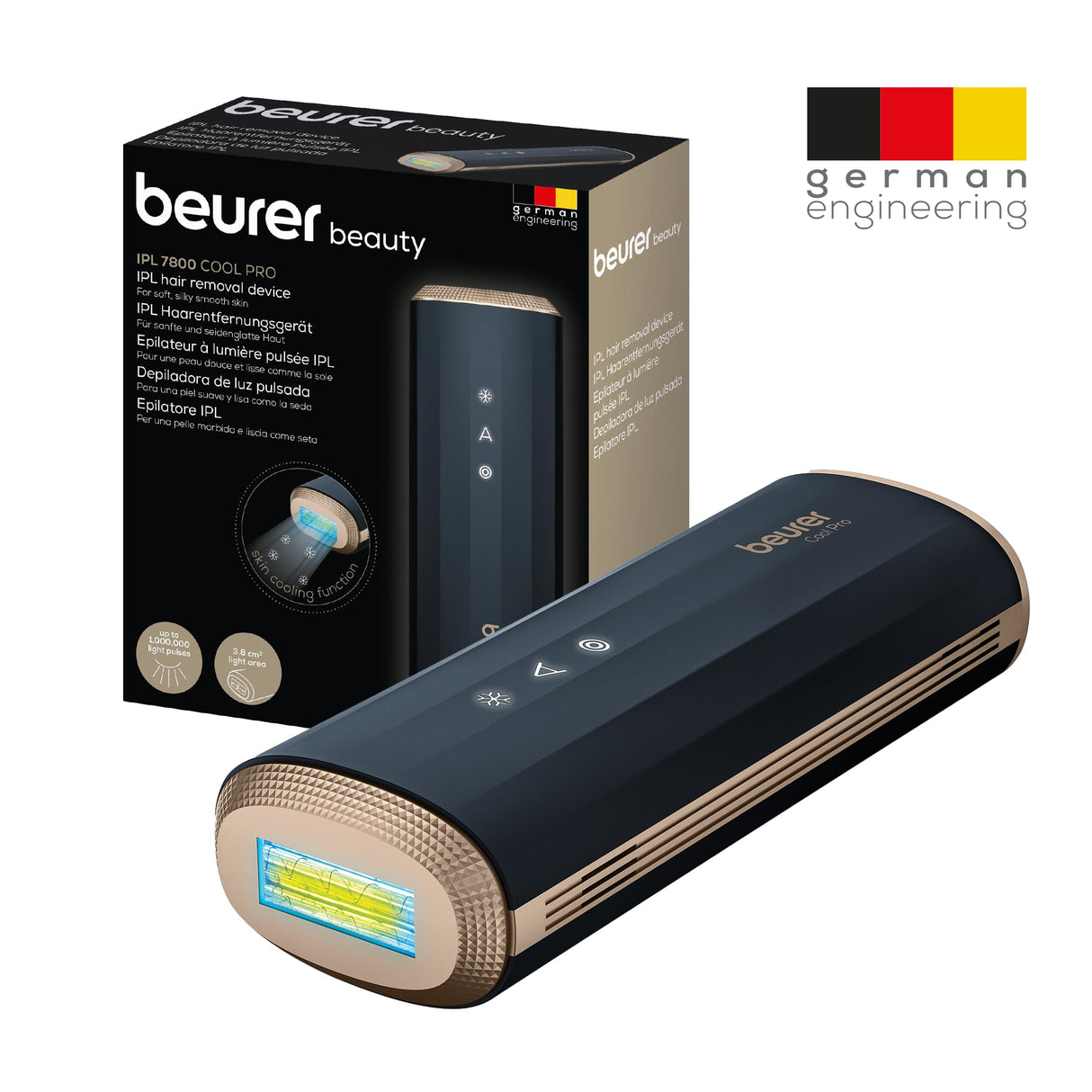 Beurer IPL 7800 PRO Depiladora con tecnología de enfriamiento, 5 niveles de intensidad, hasta 1 millón de pulsos de luz, para brazos, piernas, cara, línea del bikini y axilas, para hombres y mujeres