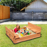 VEVOR Caja de Arena de Madera de 133 x 120 x 43 cm Arenero con Bancos Plegables y Revestimiento Inferior Caja de Arena de Madera para Niños de 3 a 12 Años para Exteriores, Patio, Playa, Parque