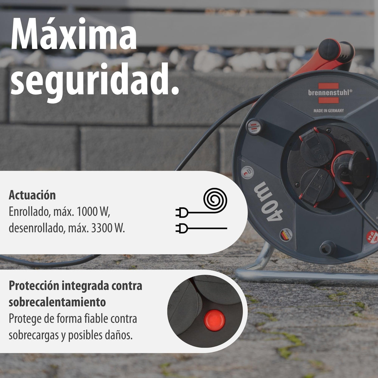 Brennenstuhl Enrollacables Garant V2 IP44 40m exterior (Made in Germany, 3 tomas de corriente con contacto de puesta a tierra, plástico especial)