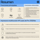 HP LaserJet Pro 3102fdw 3G630F, Impresora Láser A4 Multifunción Monocromo a doble cara automática, Escaner, Copiadora, Fax (33ppm, Wi-Fi, Procesador 800MHz, Memoria 512MB, HP Smart App) Blanca y Gris