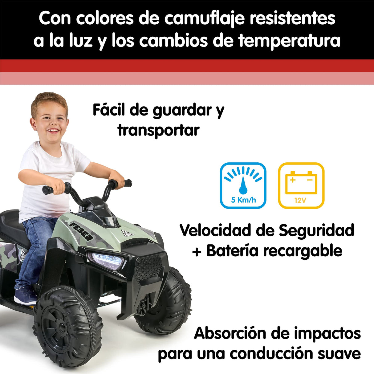 FEBER - Quad Boxer- Vehículo eléctrico a batería de 12V, con Marchas adelante, atrás y Freno, hasta 5 km/h, Cargador Incluido, 45 min de Juego,de 3 a 5 años, Verde,Famosa(FEN03000) Versión Actual