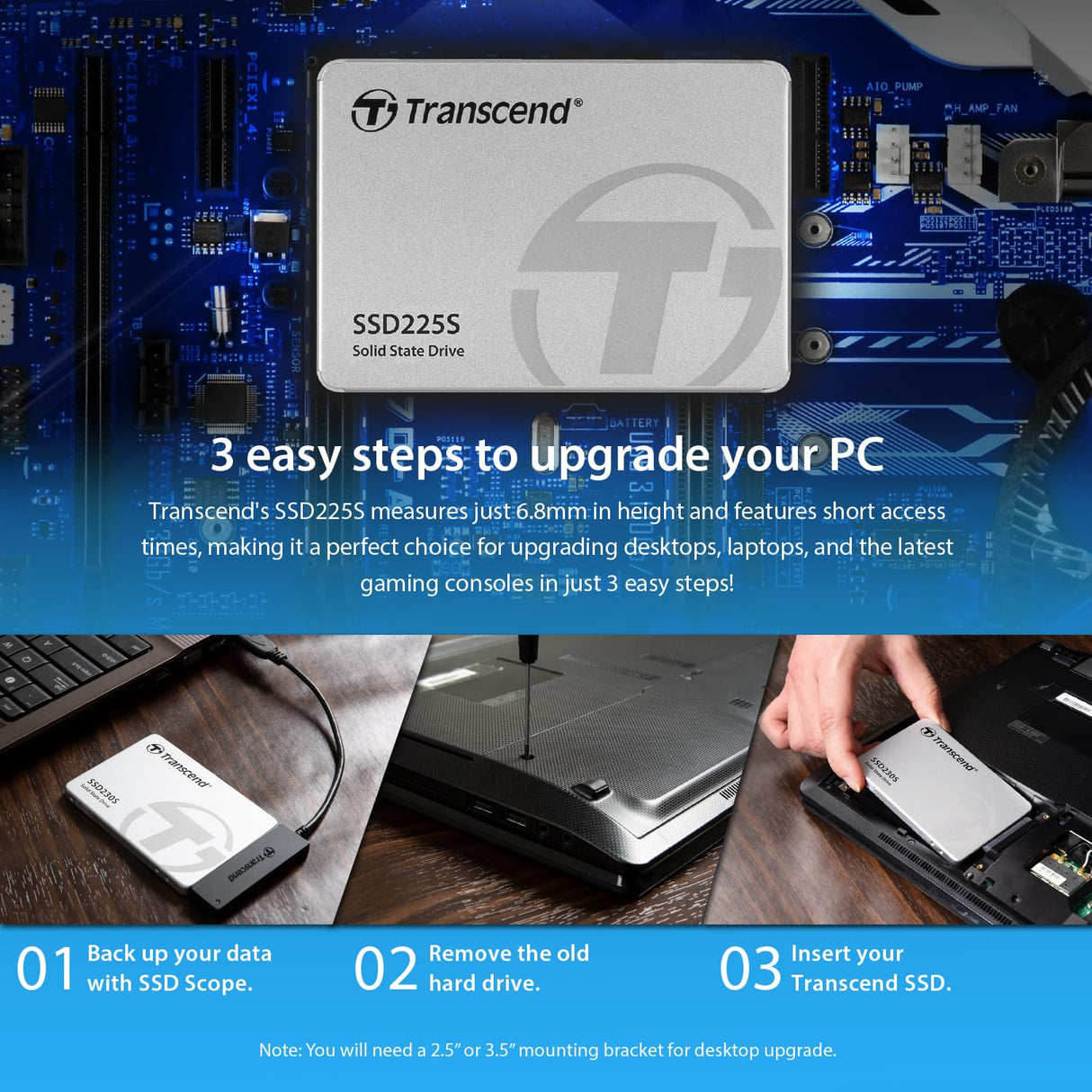 Transcend SSD225S 2TB 2.5" SATA III (6Gb/s) SSD Interno - Memoria Flash 3D NAND, Resistente a Golpes - TS2TSSD225S
