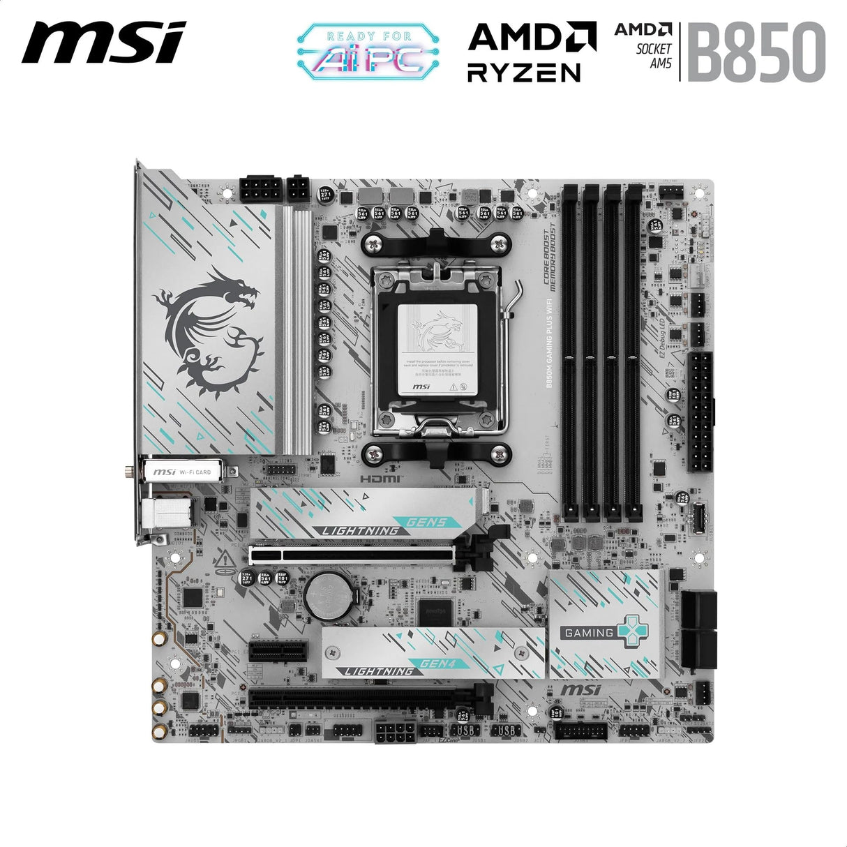 MSI B850M Gaming Plus WiFi Placa Base, mATX - Soporta procesadores AMD Ryzen 9000/8000 / 7000, AM5 - Memoria DDR5 Boost 8200+ MT/s (OC), PCIe 5.0 x16 & 4.0 x4, M.2 Gen5, Wi-Fi 7, 5G LAN