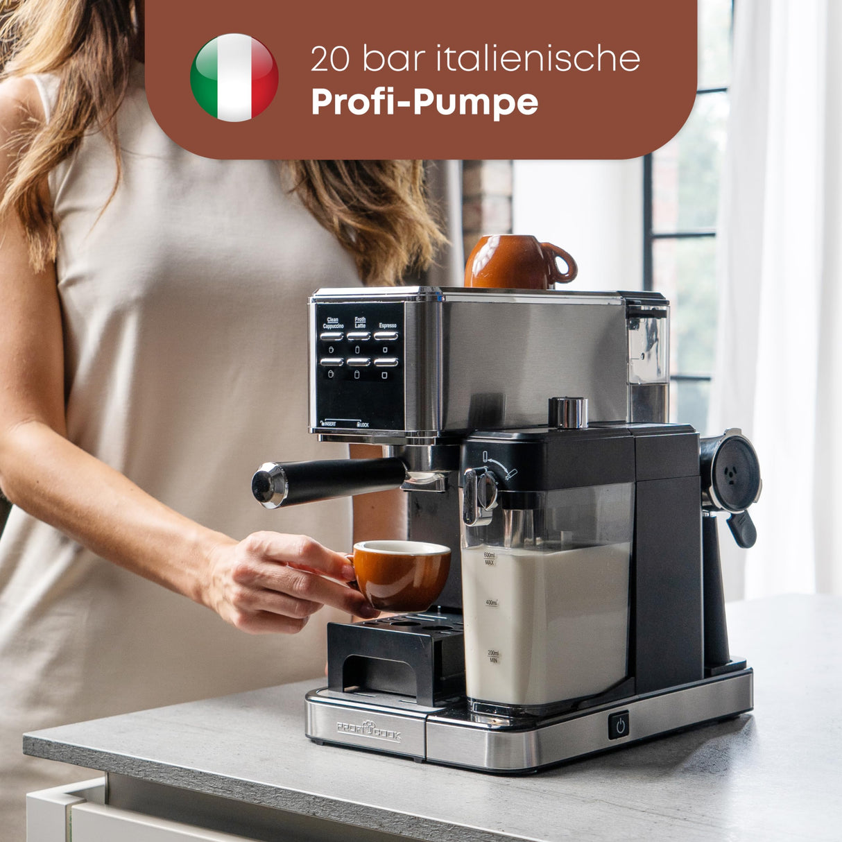 ProfiCook® cafetera espresso 2en1 para café en polvo y cápsulas compatibles Nespresso - máquina portafiltro 20 bar - con sistema de leche para latte y cappuccino- portafiltro para espresso- PC-ES 1266