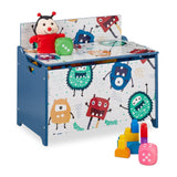 Relaxdays Caja Juguetes Diseño Monstruos, Baúl Infantil Almacenaje con Tapa, Arcón Niños, 50x60x36,5cm, MDF, Azul/Blanco, Tablero de Fibras