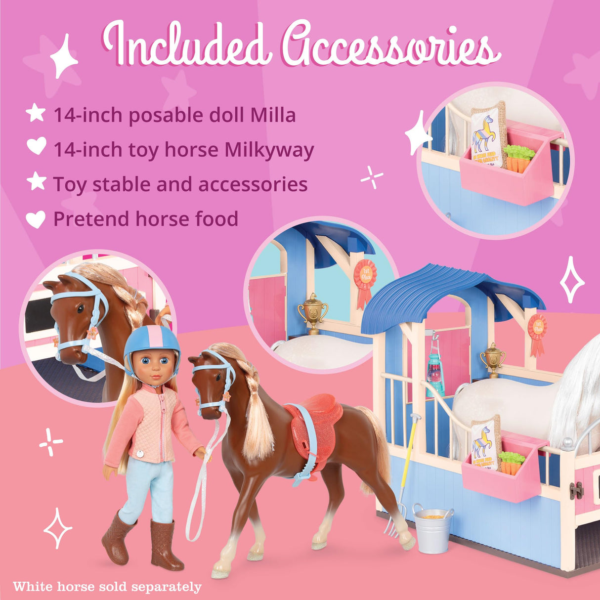 Glitter Girls - Milla & Milkyway, Establo - Muñeca de 14 pulgadas y set ecuestre - Pelo rubio y ojos azules, crin rubia - Muñeca, caballo, conjunto de establo - 3 años +