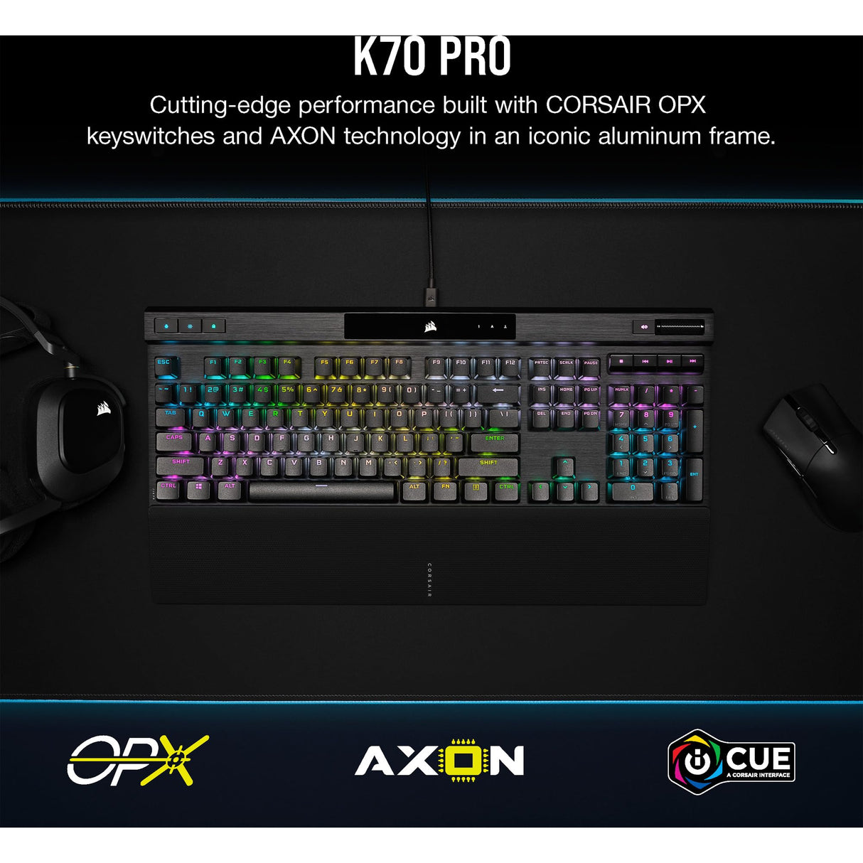 Corsair K70 Pro RGB Teclado óptico mecánico con Cable - Interruptor Lineal OPX - Teclas PBT de Doble Disparo - Compatible con iCUE - QWERTZ DE - PC, Xbox - Negro