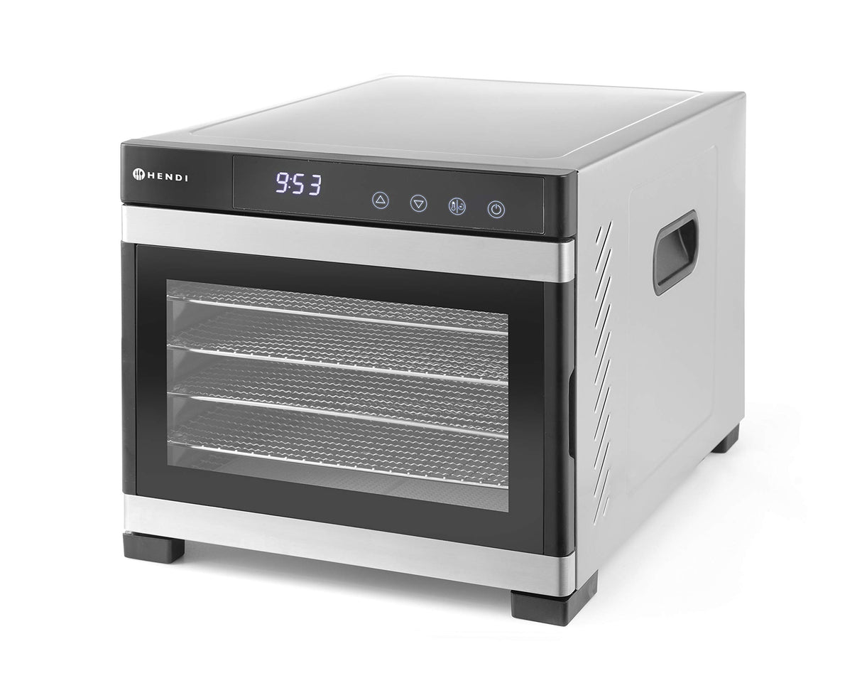 HENDI Deshidratador de alimentos, con 6 bandejas, secador eléctrico de frutas y verduras, temporizador de 24 hrs, temperatura regulable 35°-75°C, 230V, 600W, 340x450x(H)311mm, acero inoxidable, PP